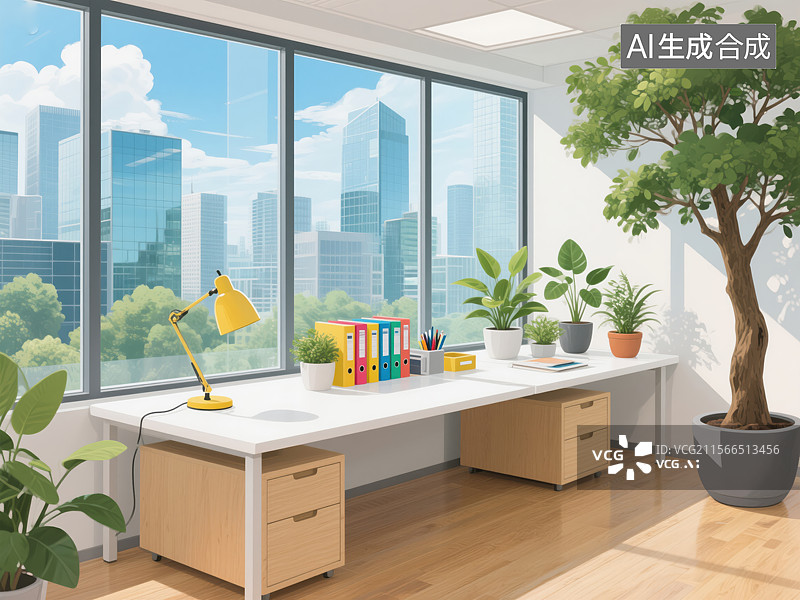 【AI数字艺术】阳光洒落的卡通风活力办公室图片素材