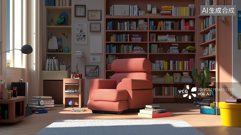 【AI数字艺术】明亮的室内书房阅读室图片素材