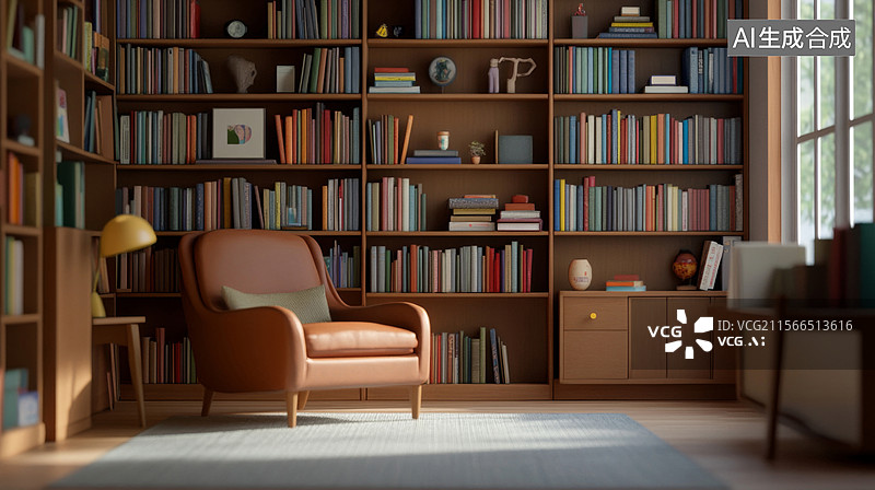 【AI数字艺术】明亮的室内书房阅读室图片素材