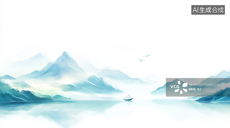 【AI数字艺术】湖面上的小船国风极简水墨山水画图片素材
