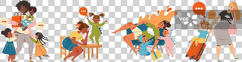 疲惫的妈妈与孩子们感到压力和疲惫图片素材