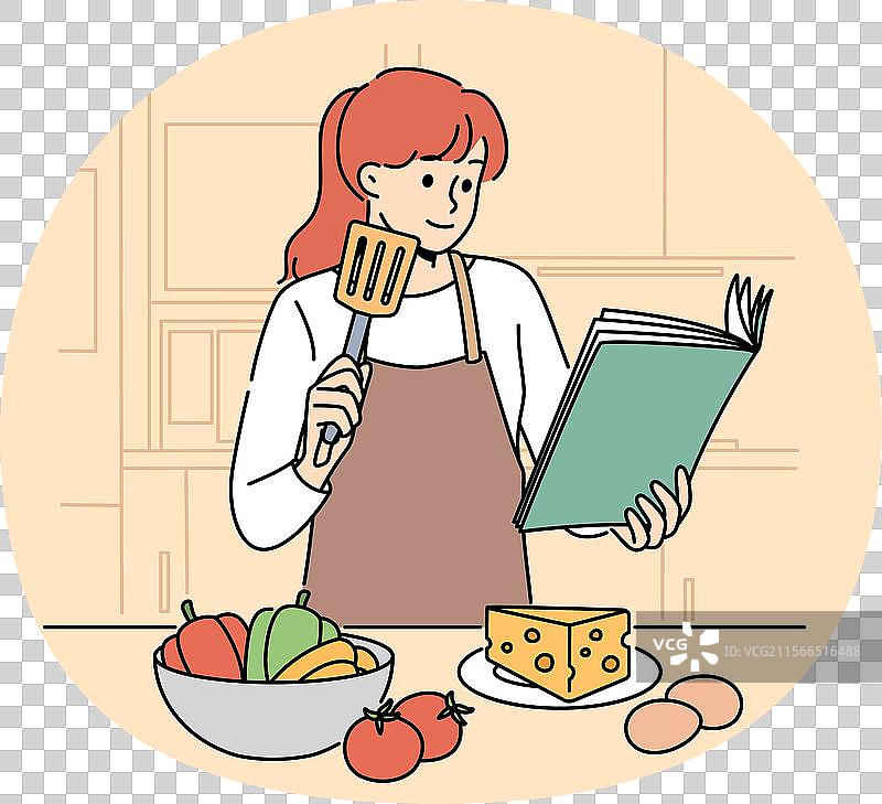 手持食谱的女人站在厨房里，渴望着。图片素材