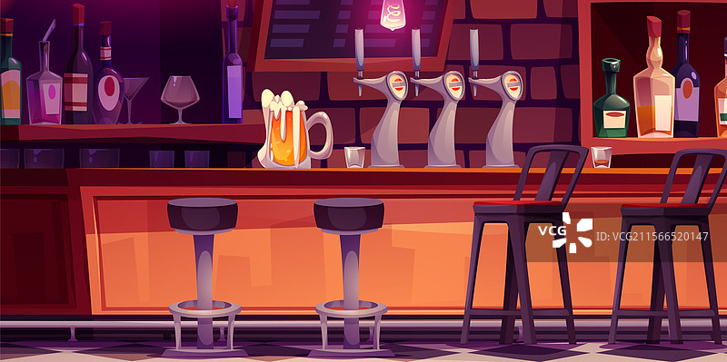 酒吧内部，吧台上放着一杯啤酒图片素材