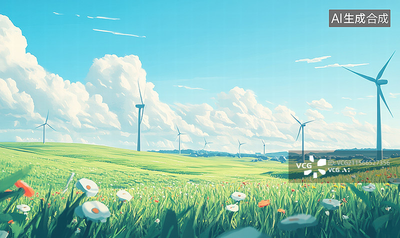 【AI数字艺术】风车下的绿野梦境图片素材