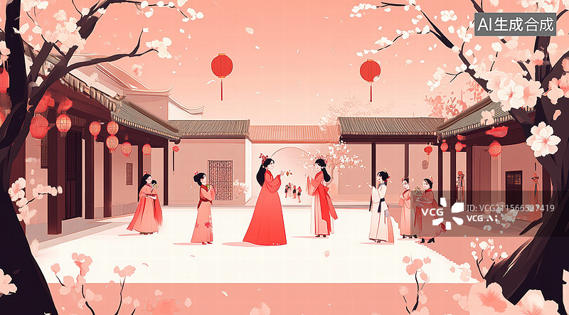 【AI数字艺术】古风庭院中的浪漫时刻图片素材