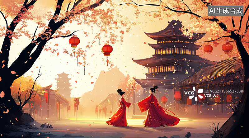 【AI数字艺术】春日古街樱花盛景图片素材