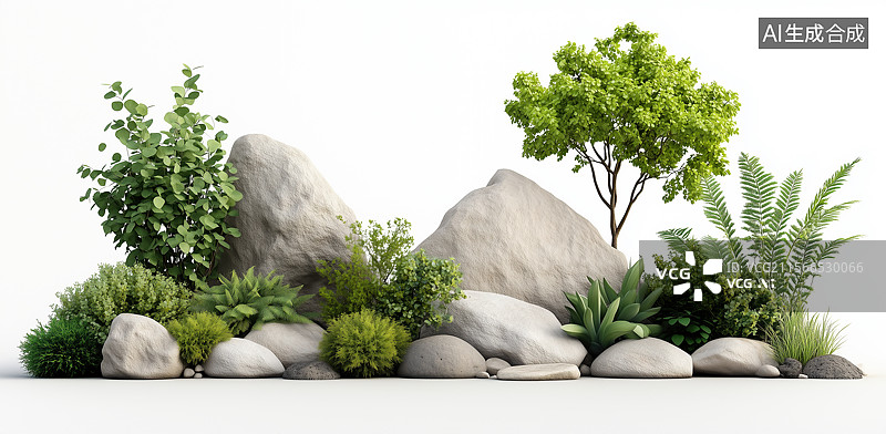 【AI数字艺术】假山石头树木三维图像图片素材