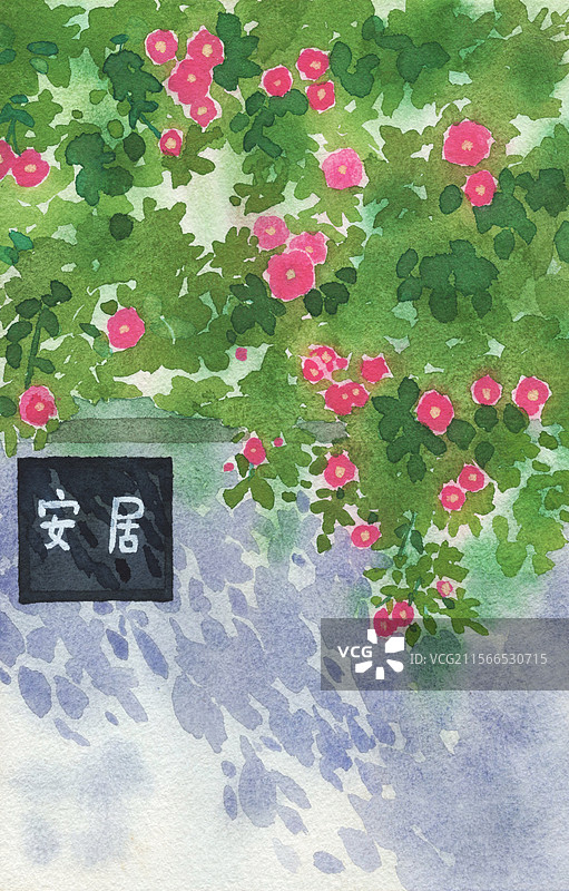 蔷薇花下人家水彩插画图片素材