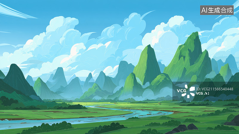 【AI数字艺术】国风配色青山绿水插画背景图片素材