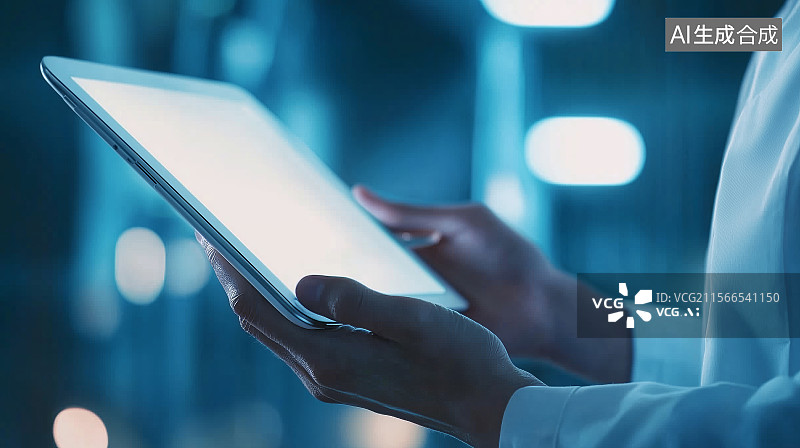 【AI数字艺术】使用数字平板电脑的医护人员的中间部分图片素材