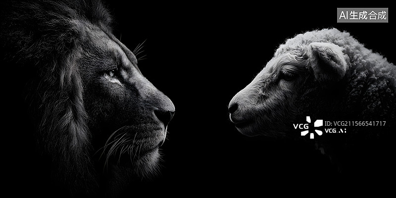 【AI数字艺术】狮子和绵羊，猎人和猎物图片素材
