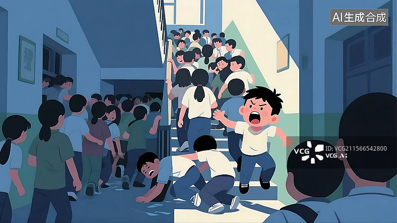 【AI数字艺术】安全教育 不要楼梯间的踩踏 手绘平面插画图片素材