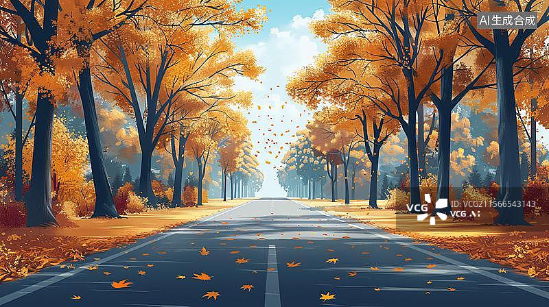 【AI数字艺术】金色秋日大道 落叶归根的诗意图片素材