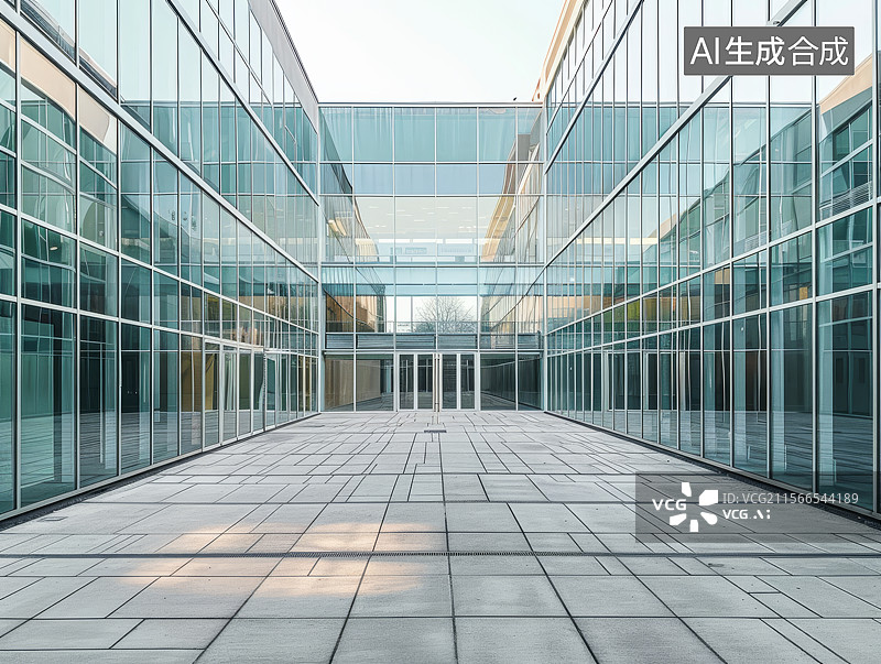 【AI数字艺术】对称构图的玻璃办公中庭空间图片素材