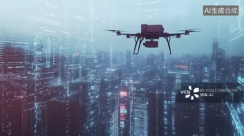 【AI数字艺术】无人机载货飞行于数字科技投影的都市暮色图片素材