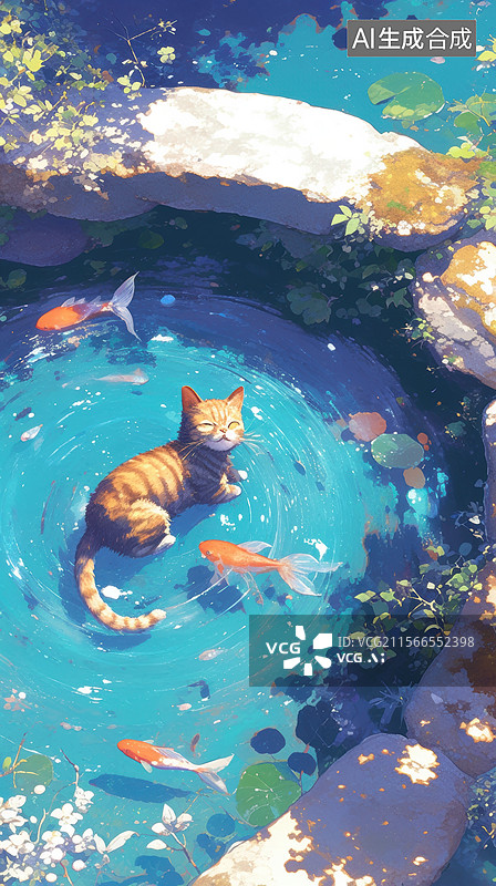 【AI数字艺术】猫咪在池塘中与鱼儿嬉戏图片素材