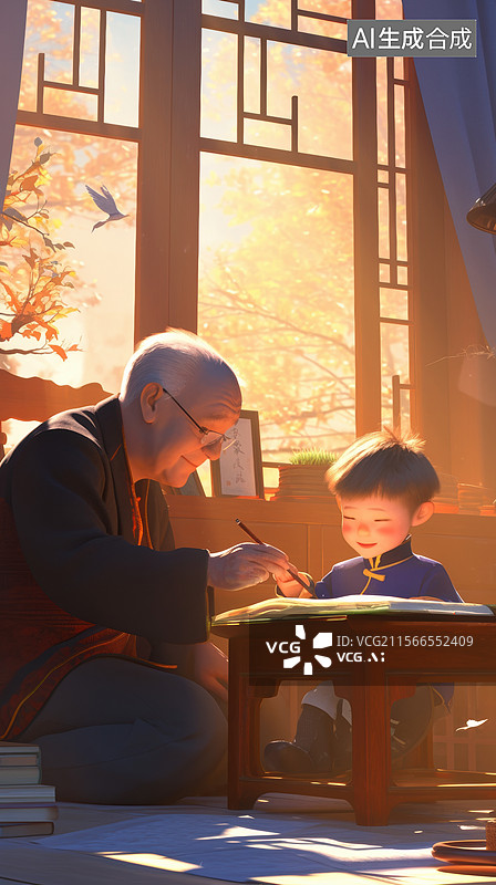 【AI数字艺术】老人与小孩在窗边写字图片素材