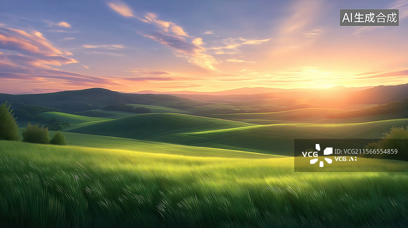 【AI数字艺术】日落时分的绿色田野图片素材