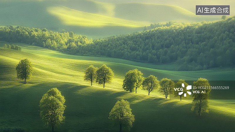 【AI数字艺术】阳光照耀下的绿色草地和树木图片素材