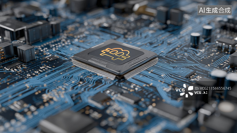 【AI数字艺术】芯片上金色发光灯虚拟货币图片素材