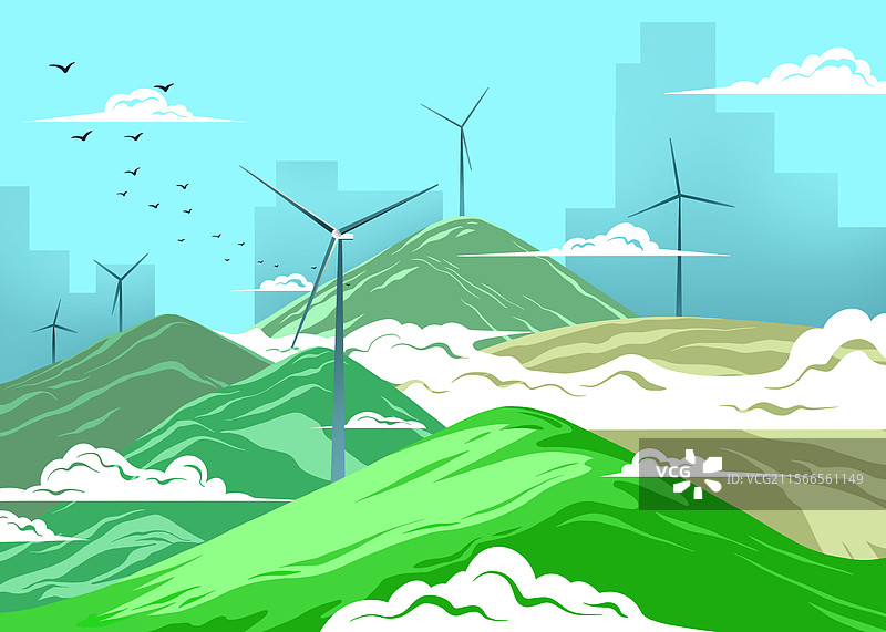 城市基建-风力发电-自然风景-手绘插画图片素材