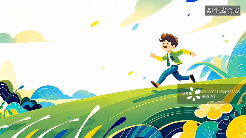 【AI数字艺术】草原上跑步的男孩插画图片素材