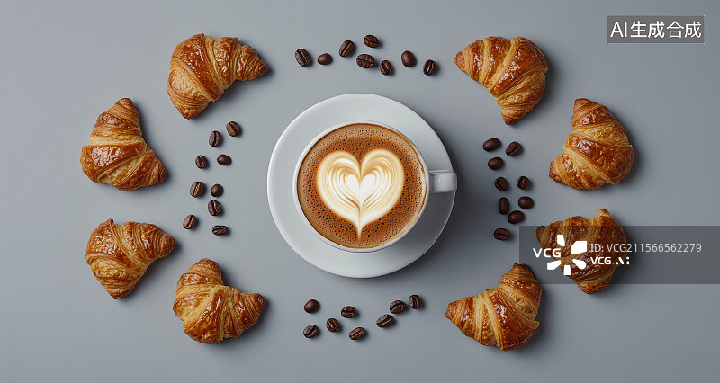 【AI数字艺术】拉花咖啡配牛角面包图片素材