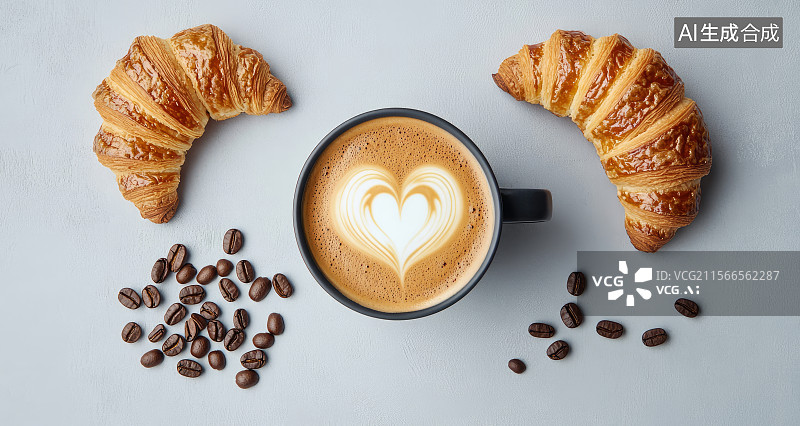 【AI数字艺术】拉花咖啡配牛角面包图片素材