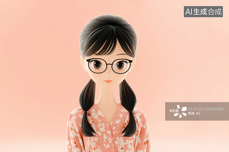 【AI数字艺术】双辫眼镜女孩粉色甜美肖像图片素材