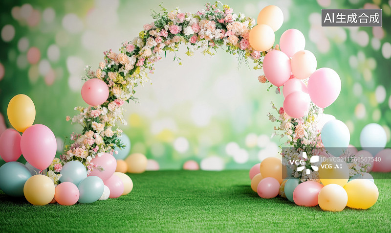 【AI数字艺术】草地上彩色气球拱门节日气氛场景图片素材