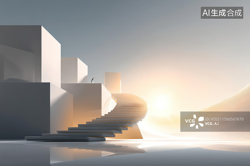 【AI数字艺术】纯白阶梯拱门圆球光影空间图片素材