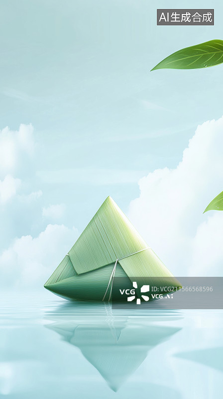 【AI数字艺术】端午粽叶粽子河中倒影蓝天背景图片素材