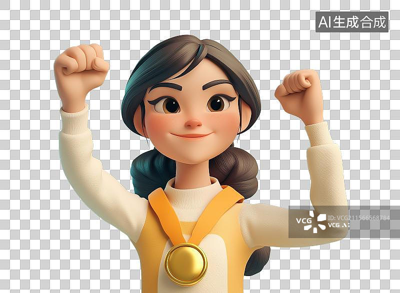 【AI数字艺术】3D卡通带奖牌的女孩体育健儿元素图片素材