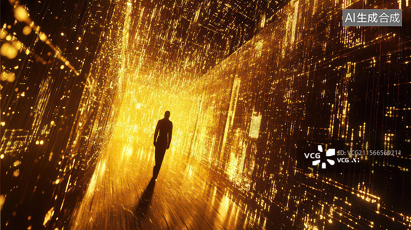【AI数字艺术】独行者金色光影隧道科幻未来图片素材