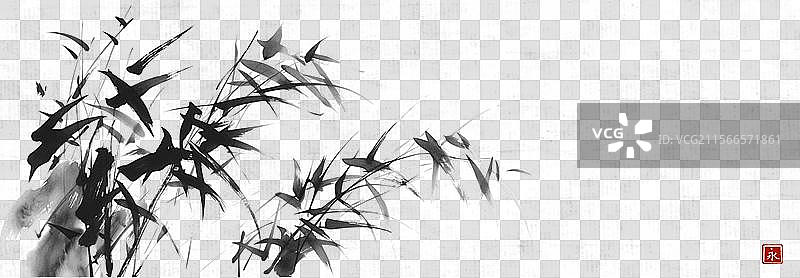 水墨画中的竹子与黄色月亮在大米上图片素材