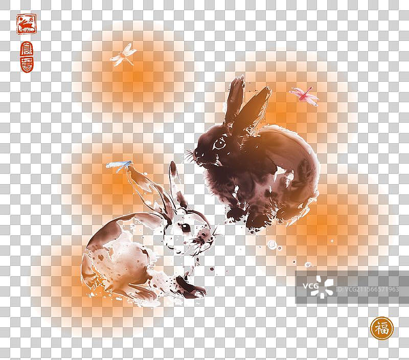 兔子和蜻蜓的水墨画图片素材