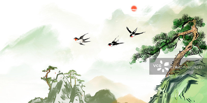 松树 燕子 太阳 山图片素材