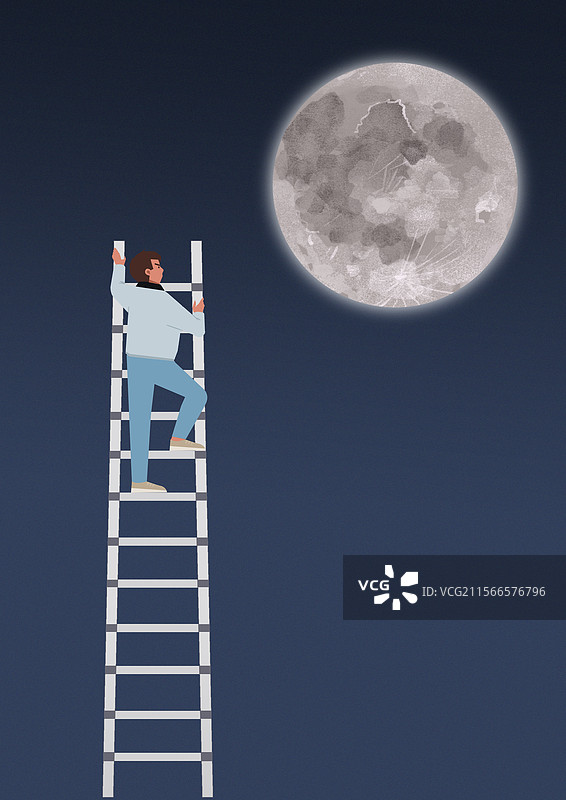 梯子男孩攀爬爬上夜空夜晚晚上意识做梦梦想幻想月球发光资讯插画图片素材