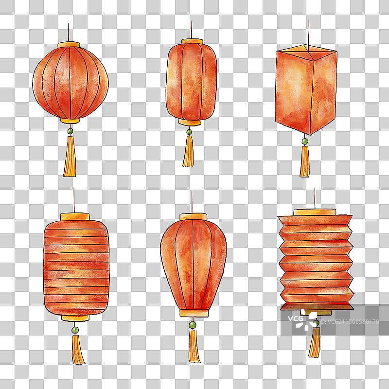 古风手绘水彩灯笼喜庆装饰过年中国传统文化新年春节除夕红灯笼节日元素图片素材