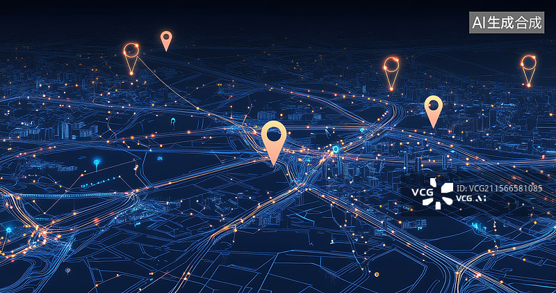 【AI数字艺术】城市夜景中的导航定位点图片素材
