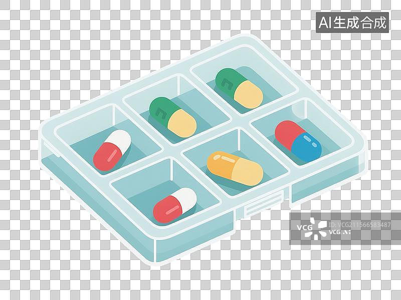 【AI数字艺术】透明格子药盒与彩色药片卡通插画特写图片素材