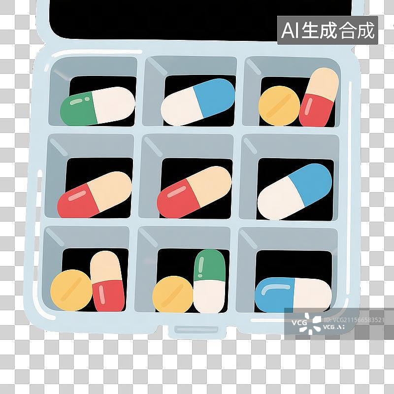 【AI数字艺术】透明格子药盒与彩色药片卡通插画特写图片素材