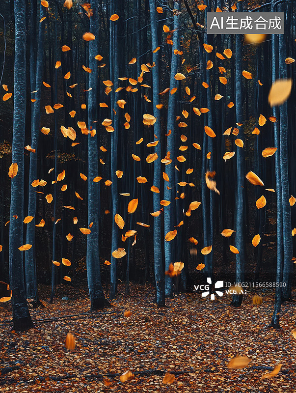 【AI数字艺术】秋叶飘落的森林图片素材