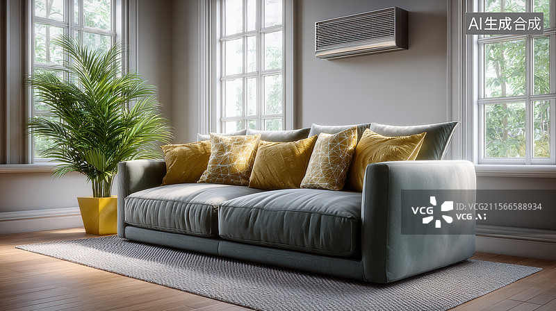 【AI数字艺术】现代客厅中的灰色沙发和金色靠垫图片素材
