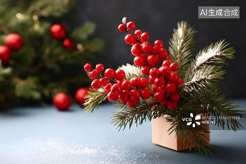 【AI数字艺术】圣诞节红莓与松枝装饰摆设图片素材