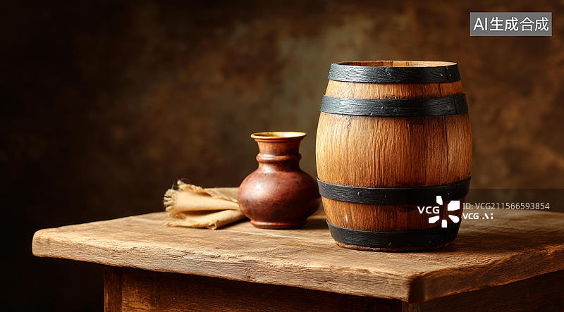【AI数字艺术】乡村木桌上古朴的木桶图片素材