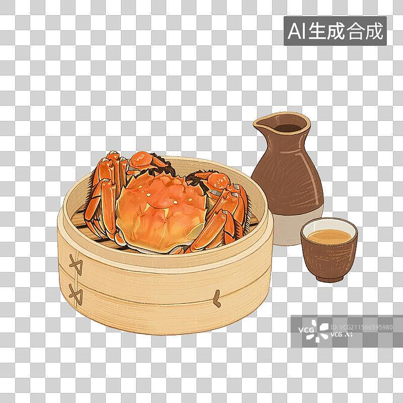 【AI数字艺术】国风手绘插画，蒸笼里的大闸蟹和黄酒，传统美食，免抠元素图片素材