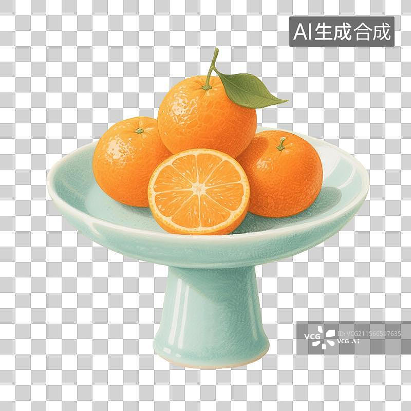 【AI数字艺术】国风手绘插画，青瓷盘子里的水果，橙子，橘子，柑橘，免抠元素图片素材