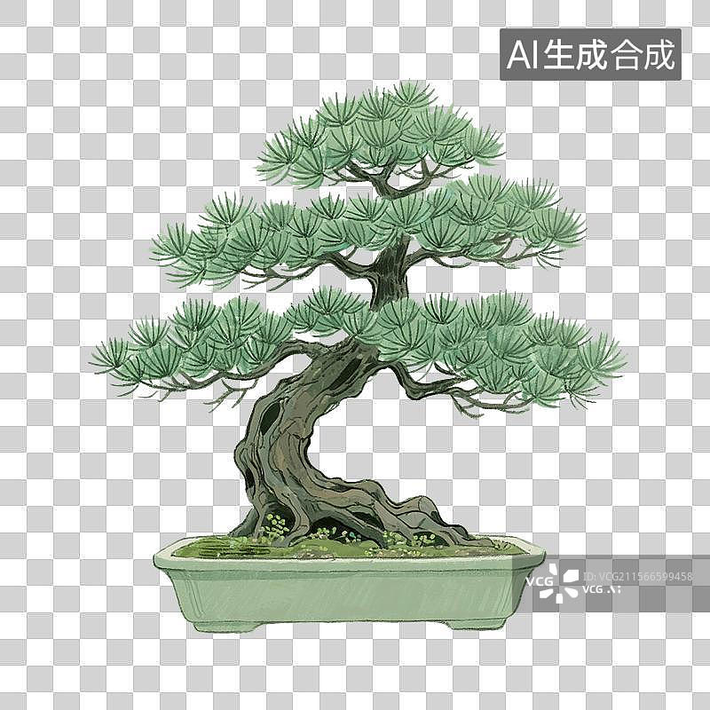 【AI数字艺术】中国风手绘插画，罗汉松盆景，文房清供，松树盆栽，中国画，工笔画，中式植物花卉插花免抠元素图片素材