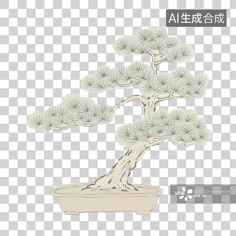 【AI数字艺术】中国风手绘插画，罗汉松盆景，文房清供，松树盆栽，中国画，工笔画，中式植物花卉插花免抠元素图片素材